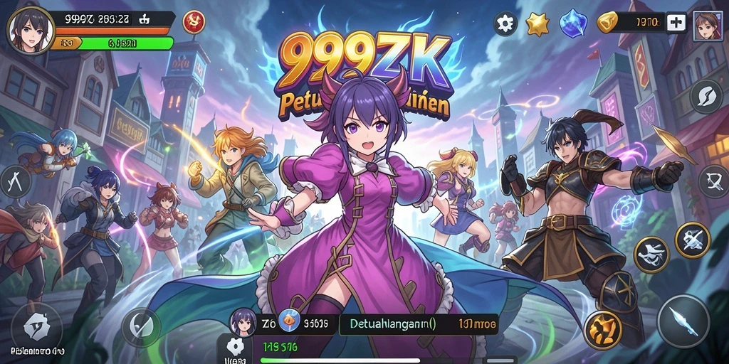 Screenshot gameplay 999ZK menunjukkan karakter anime dalam aksi penuh warna.