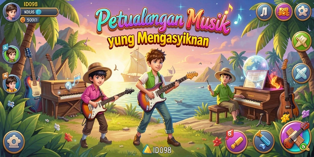 Screenshot ID098 menampilkan gameplay interaktif dan alat musik yang bervariasi.