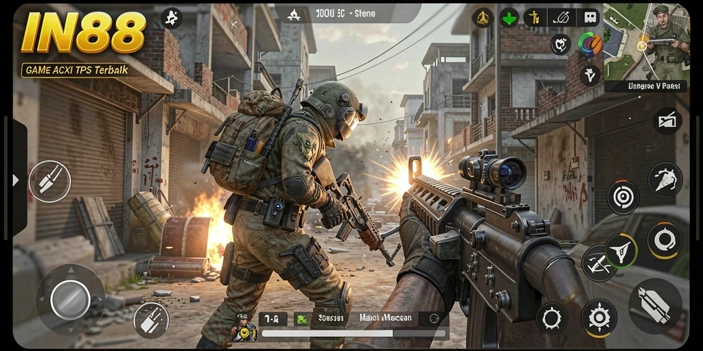 Tangkapan layar gameplay IN88 menampilkan aksi tembak-menembak yang intens.