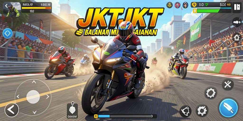 Screenshot gameplay JKTJKT menampilkan aksi balapan motor yang mendebarkan.