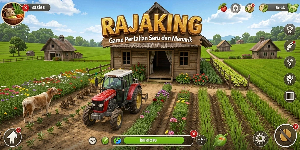 Screenshot gameplay RAJAKING dengan kebun yang rimbun.
