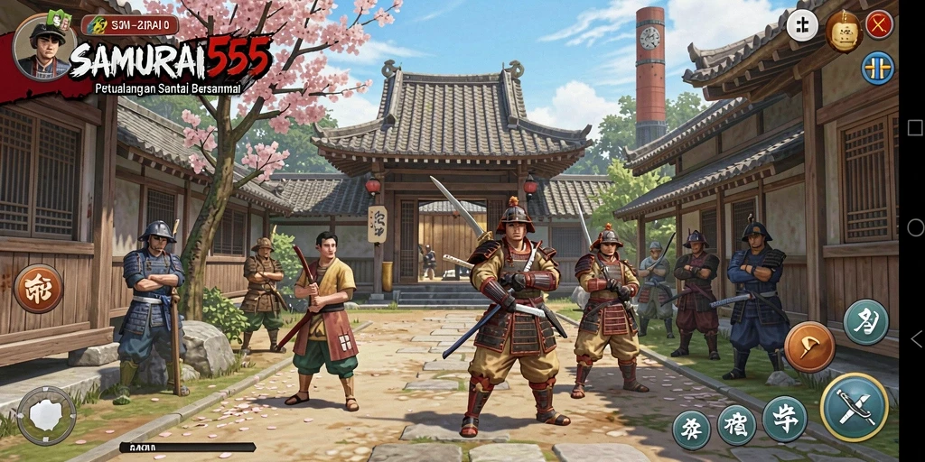 Screenshot gameplay <strong>SAMURAI555</strong> yang penuh aksi dan warna.
