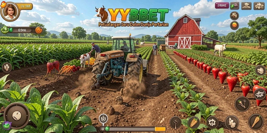 Screenshot gameplay YYBET menampilkan ladang subur dan hewan ternak.
